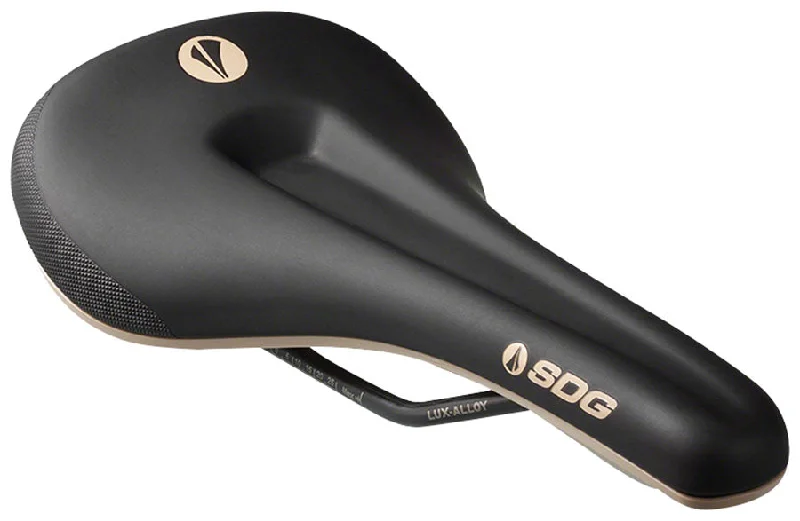 bicycle seatpost toughness-SDG Bel-Air V3 Max Saddle Lux-Alloy Rails Black/Tan