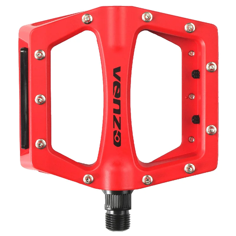 bicycle tire alignment-Venzo Flat BMX Mountain Bicycle 9/16" CR-MO Axle Pedals With Reflector Red