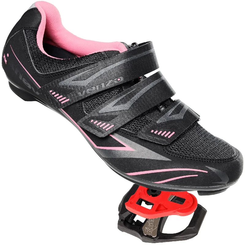 bicycle tire signal-Venzo Bicycle Women's Road Cycling Riding Shoes with Bike Clipless Sealed Bearing Look Delta Compatible Pedals & 9 Degree Floating Cleats