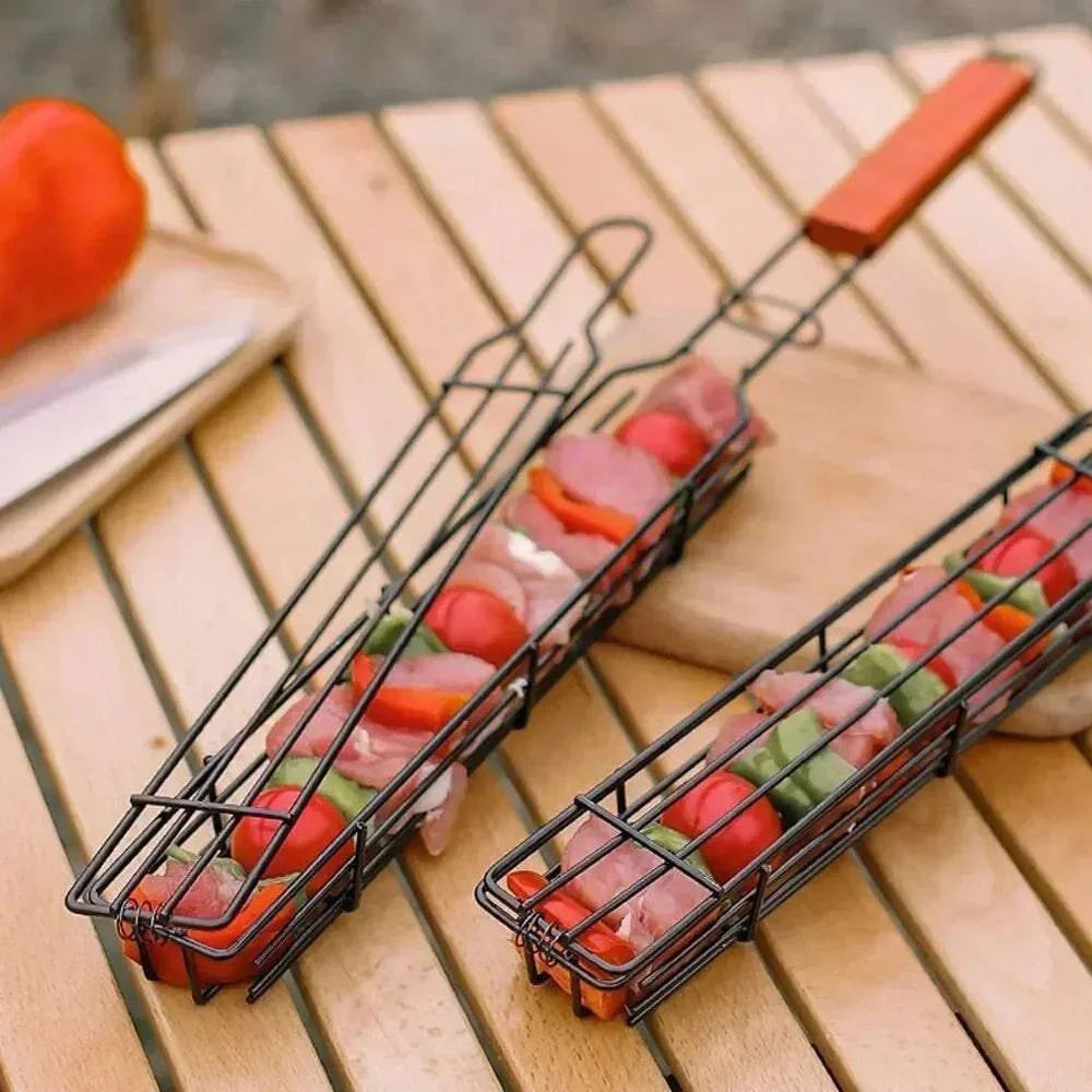 bicycle cleat toughness-Outdoor Wooden Handle Barbecue Cage Camping Meat and Vegetable Barbecue Net Rack Picnic Barbecue Tools